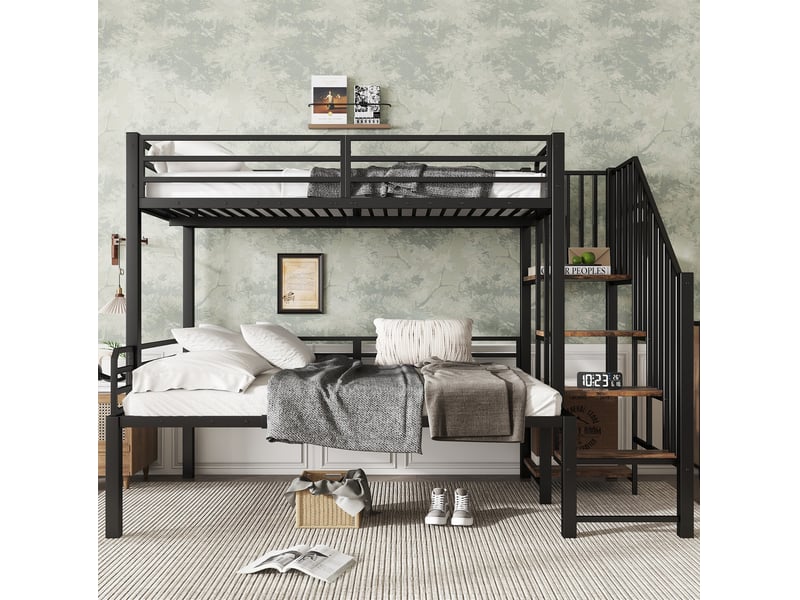 Lit superposé 90x200 et 120x200 cm en métal noir et mdf effet bois vintage - Conforama B