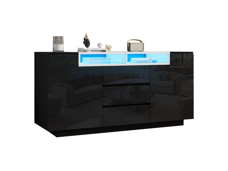  Buffet 2 portes 3 tiroirs avec led en panneau de particules noir 140x40x68 cm N625P333718719S - Conforama B
