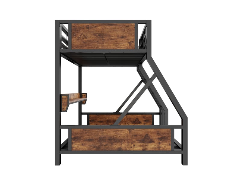  Lit superposé 90 × 200 et 140 × 200 cm, métal et bois, couchages décalés, led, tablette de rangement, noir  - Conforama E