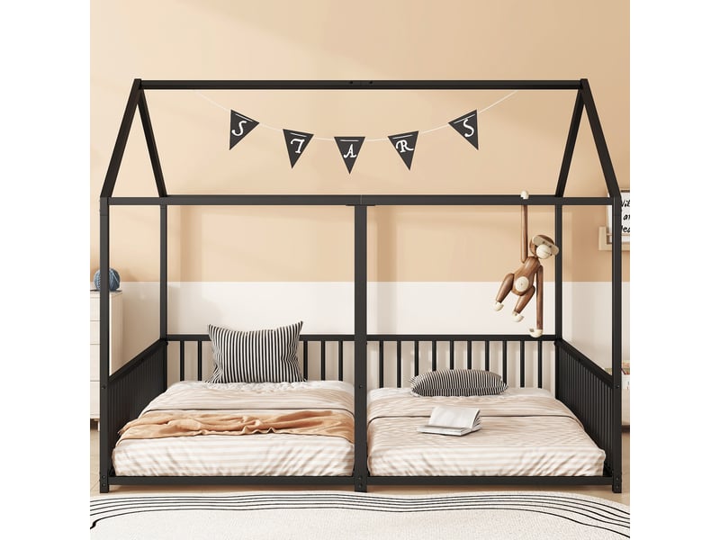  Lit superposé enfant 90x200, lit cabane en métal, lit enfant noir avec échelle et barrière, cadre robuste, sans matelas  - Conforama D