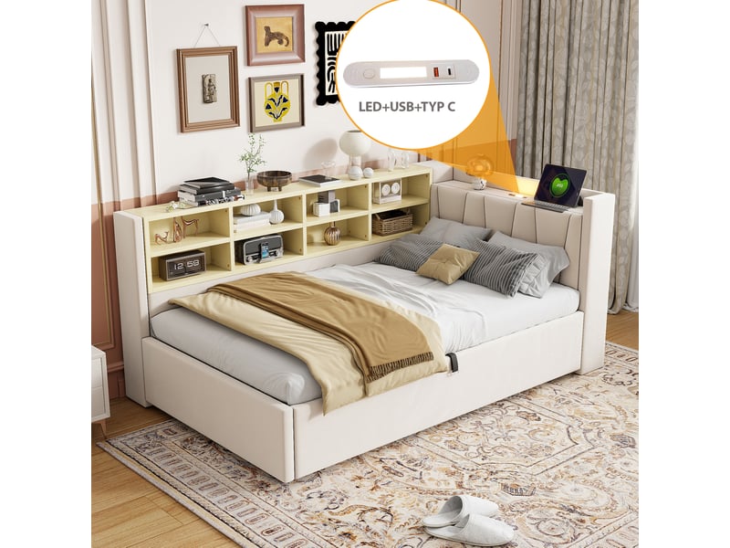  Lit coffre 90 x 200 tête capitonnée éclairage intégré usb-c rangement moderne côtés velours beige sans matelas  - Conforama W
