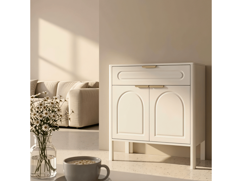  Buffet blanc moderne autoportant, armoire de rangement avec tiroir, poignées en métal doré et bords arrondis, pour entrée salon cuisine salle à manger  - Conforama D