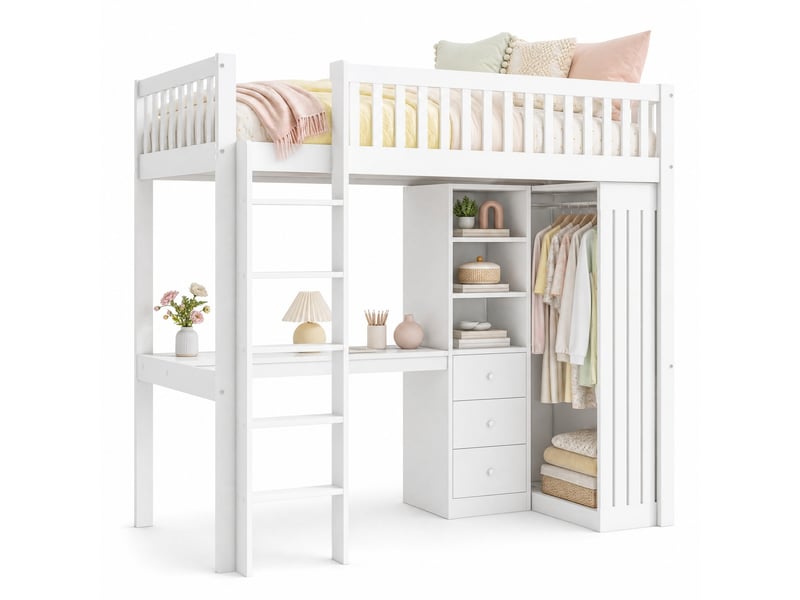  Lit mezzanine enfant 90x200 cm avec bureau, armoire, 3 tiroirs et escalier blanc  - Conforama A