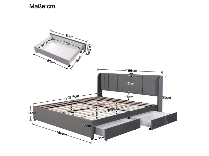  Modenvie lit avec rangement 160x200 cm - velours, tête de lit haute, sommier inclus - gris  - Conforama C