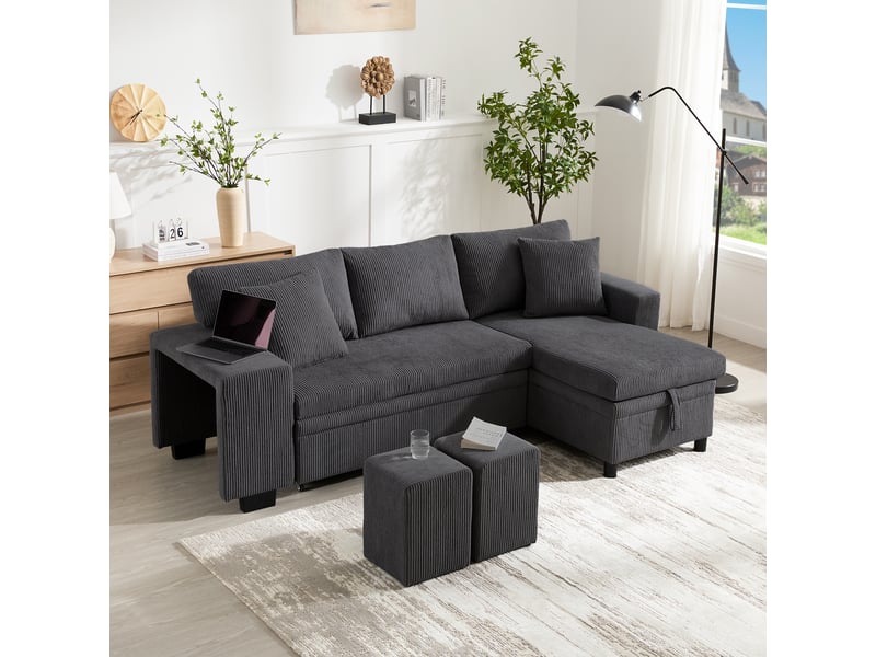 Canapé-lit d’angle convertible 3 places 231x131,5 cm avec coffre, ports usbusb-c, étagère latérale, 2 poufs - gris - Conforama E