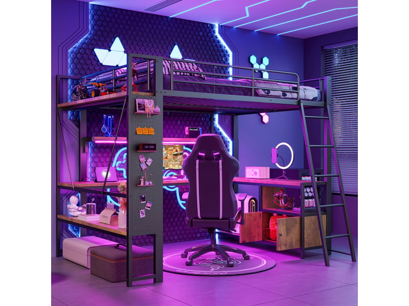  Lit mezzanine avec bureau intégré et rangements, 140x200 cm, structure métal et mdf, noir  - Conforama E