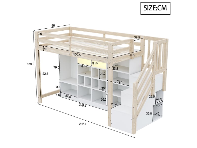  Lit mezzanine en bois 90 x 200 cm avec rangements, armoire, échelle et led, blanc bois  - Conforama C