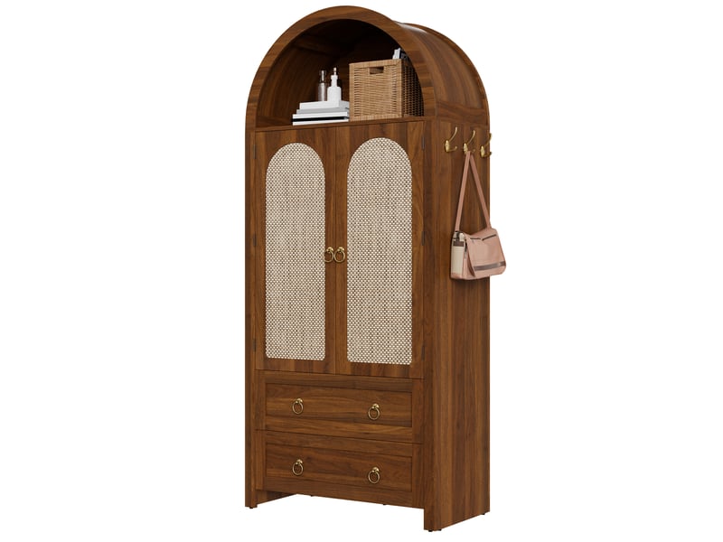 Armoire de rangement 80x40x180 cm, façades rotin, 2 tiroirs, étagères ouvertes, crochets latéraux, style vintage - noyer - Conforama A