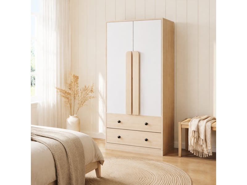  Armoire 2 portes avec 2 tiroirs et 1 grand compartiment pour chambre et dressing en bois et métal naturel et blanc  - Conforama D