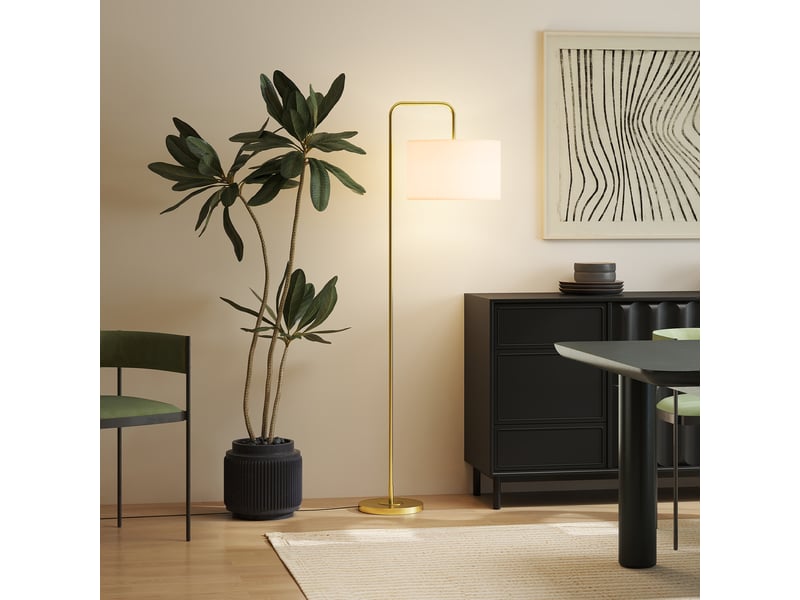  Lampadaire arqué avec abat-jour en lin et acier, et interrupteur au pied, doré  - Conforama D