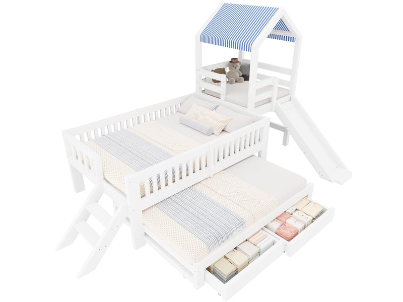  Lit mezzanine enfant 90 × 200 cm avec lit gigogne, toboggan, escalier et tiroirs, structure en bois, blanc  - Conforama A