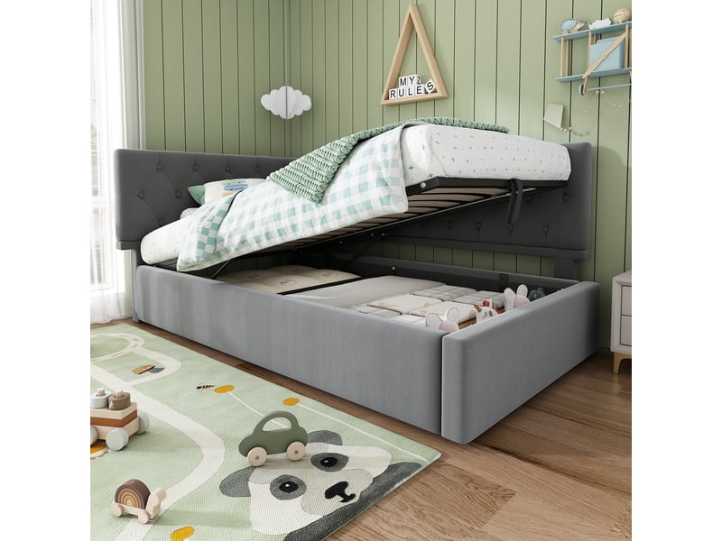 Lit coffre enfant 90x200cm, canapé-lit avec espace de rangement, sommier, velours gris, sans matelas - Conforama C