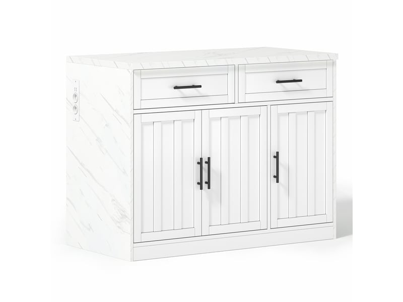  Îlot de cuisine 120x60x91 cm avec bar arrière, prises et usb, 2 tiroirs et 3 portes, plateau effet marbre en mdf, blanc  - Conforama E