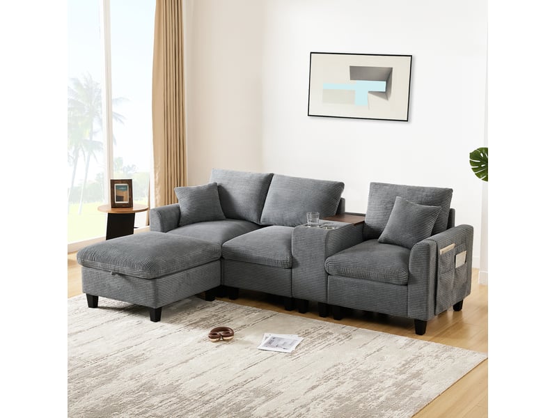  Canapé d'angle convertible 229x149.5x83 cm, 2 porte-gobelets, ports de charge usb et console, revêtement tissu velours côtelé gris  - Conforama D