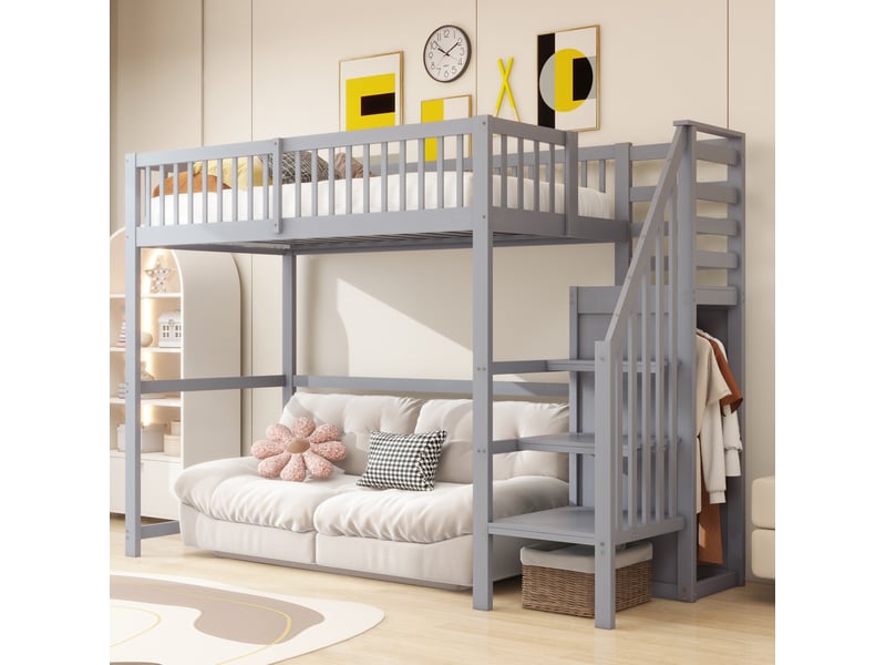  Lit mezzanine enfant 90 x 200 cm gris avec escalier et rangement  - Conforama C