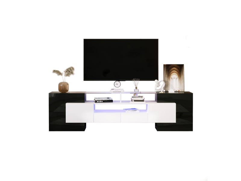 Meuble tv 200 x 35 x 60 cm, led, 4 portes, 2 tiroirs et 3 niches, design graphique, noir et blanc brillant, en mdf, rangement pour salon CARDUME ESTIVAL - Conforama A