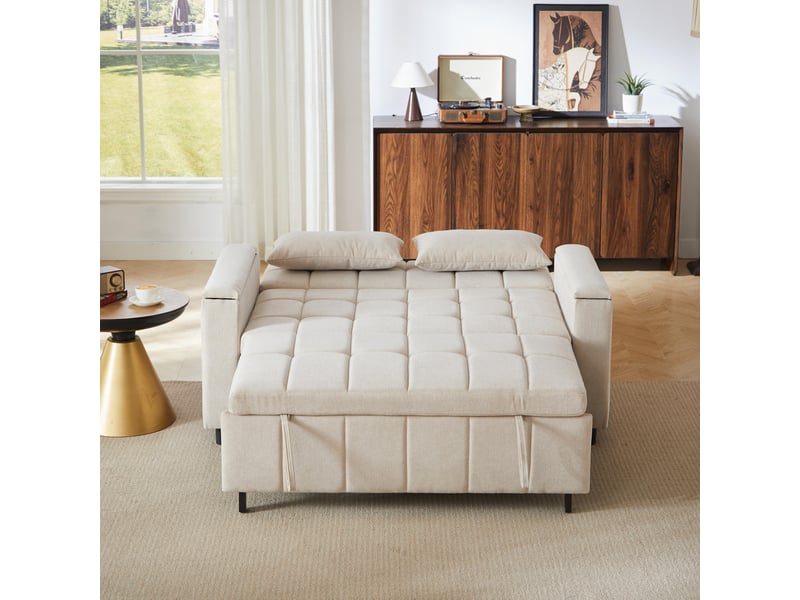  Canapé convertible - 148,6x81,3x86,4cm - canapé lit 3-en-1 en tissu chenille avec coffres de rangement - beige  - Conforama D