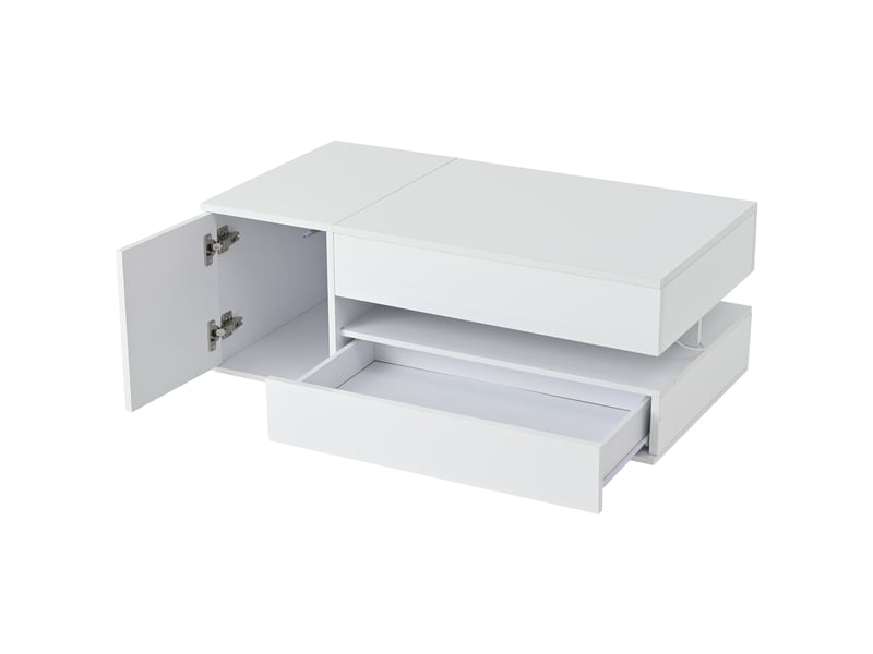  Table basse relevable 95 x 50 x 34,5 cm, table de salon, table d'appoint, table basse avec 1 tiroir et 1 placard, table console avec éclairage led, table basse laquée brillante avec rangement dissimulé et semi-ouvert, blanche  - Conforama D