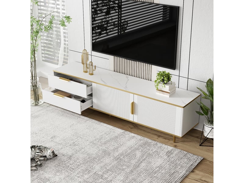  Meuble tv avec 2 tiroirs et 2 portes pour salon 170×37×45 cm en mdf et panneaux de particules blanc et or  - Conforama C