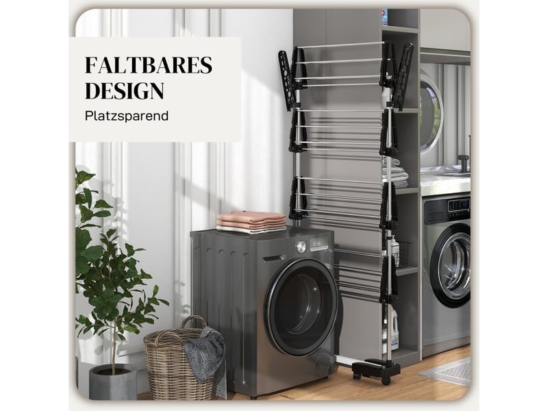 Support à linge rétractable 5 niveaux, pliable, système one-klick, 142 cm x 55 cm x 172 cm, noir + argent - Conforama E