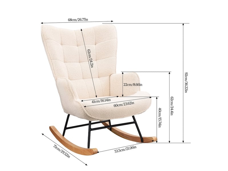  Fauteuil à bascule 68x78x98 cm - fauteuil en tissu bouclette peluche, dossier haut capitonné et pieds bois - beige  - Conforama E