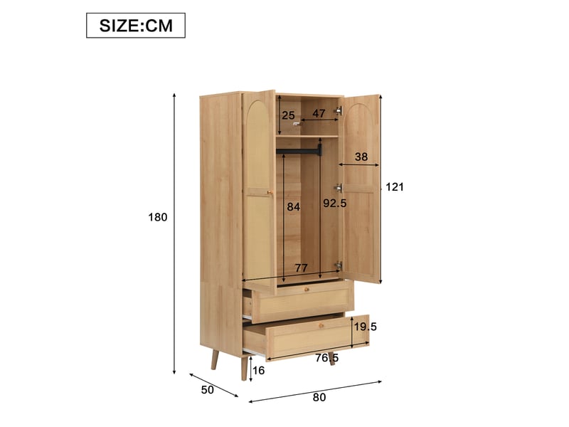  Armoire 80x50x180 cm avec 2 portes et 2 tiroirs, une penderie, design rotin en mdf couleur naturel  - Conforama C