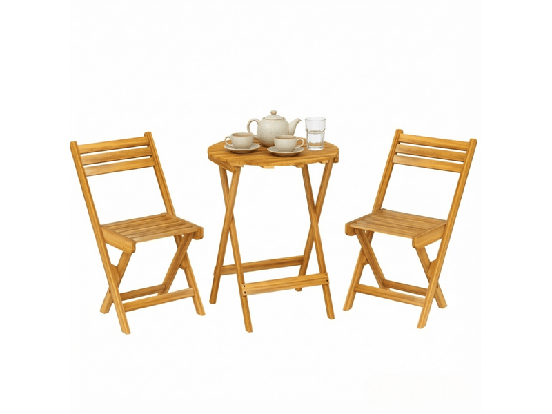 Salon de jardin pliant 2 places en bois d'acacia ø60 cm – naturel – table ronde et 2 chaises pliantes - Conforama A