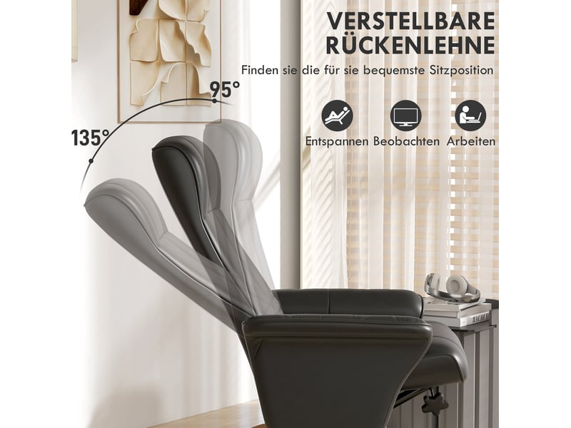 Fauteuil relax avec pouf, pivotant à 360° et dossier inclinable à 135°, larges accoudoirs en microfibre noire - Conforama D