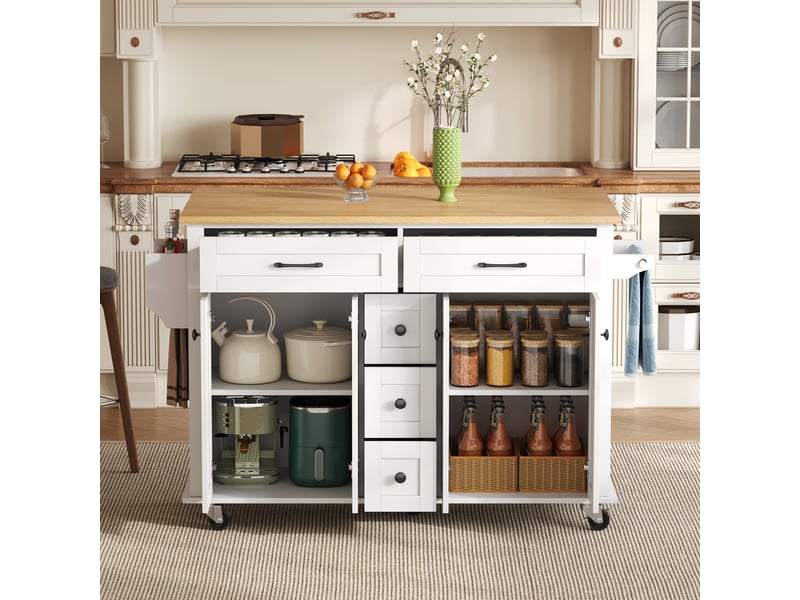 Îlot de cuisine extensible 140x40-65x89 cm, plan rabattable 18 mm, 5 tiroirs et rangements, mdf, blanc et naturel - Conforama B