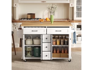 Îlot de cuisine extensible 140x40-65x89 cm, plan rabattable 18 mm, 5 tiroirs et rangements, mdf, blanc et naturel