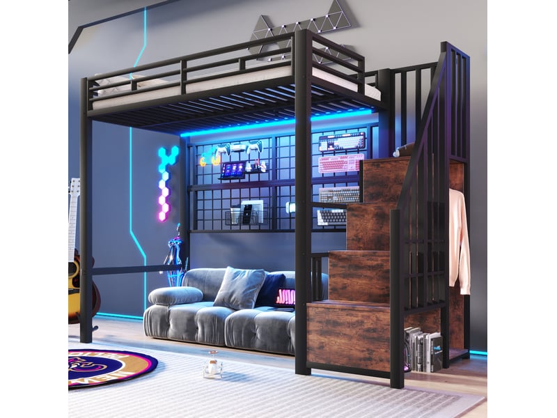  Modenvie lit mezzanine 90x200 cm - avec penderie echelle, rangement suspendu, sans matelas - noir  - Conforama D