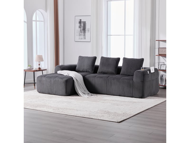  Canapé modulable, canapé de salon – en velours côtelé, porte-gobelets, poches latérales, coussins inclus, gris foncé  - Conforama D