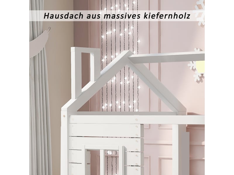 Lit cabane enfant 80x160 bois de pin massif blanc avec barrière et tiroirs pour filles et garçons - Conforama R