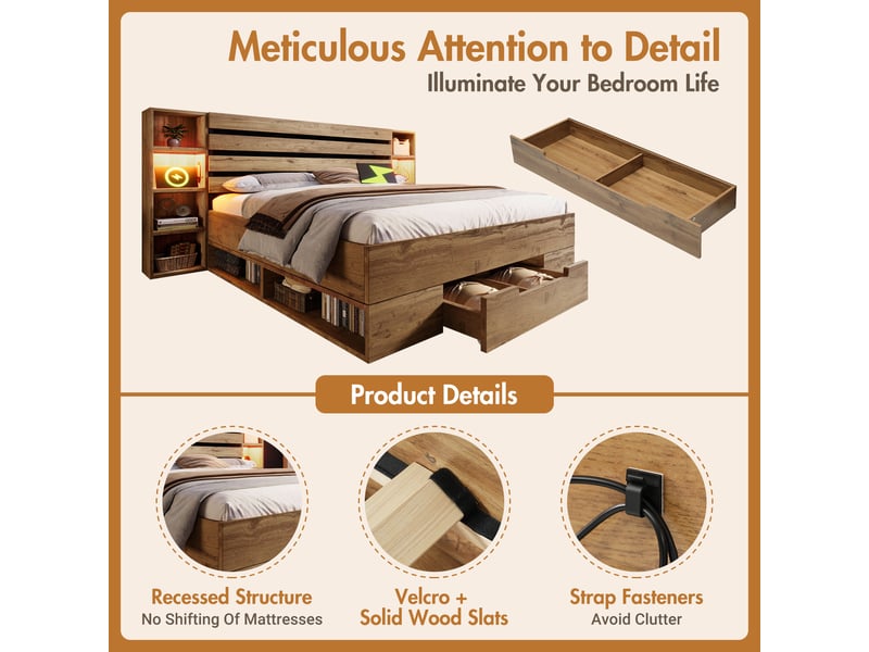  Lit double 160x200 cm avec rangements, tête de lit avec étagères, led, usb et usb-c, 2 tiroirs, sommier à lattes - effet chêne  - Conforama C