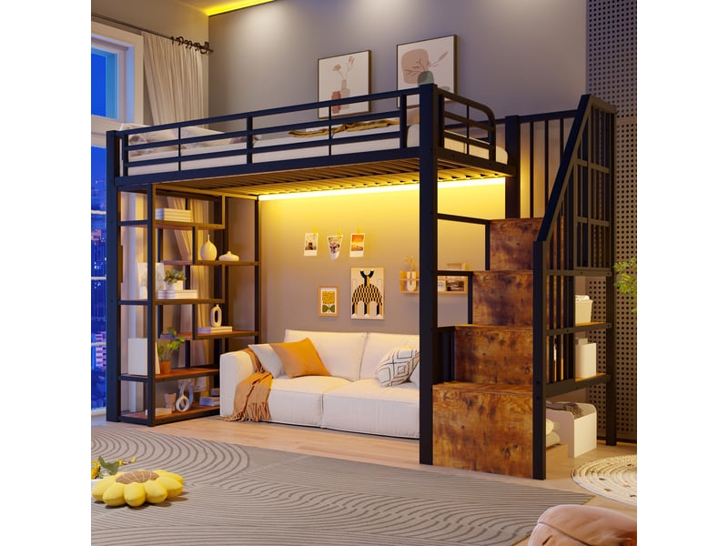  Lit mezzanine, 90 x 200 cm, avec rangement, led, revêtu de tissu effet lin, noir 252x95x170cm - Conforama A