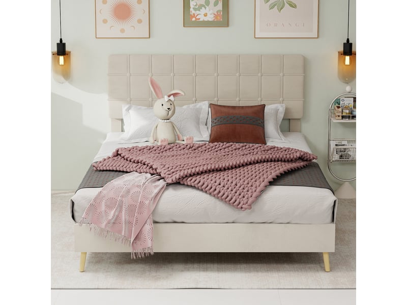 Lit 160x200 cm tissu beige avec tête capitonnée, sommier à lattes, style moderne - Conforama E