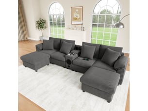 Canapé modulaire u et l 315,5x144x84,5 cm avec console, bluetooth, usb et charge sans fil, velours côtelé gris