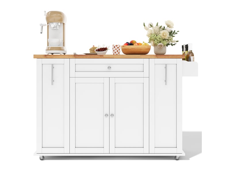  Îlot de cuisine mobile 120x70x87 cm avec plateau rabattable et rangements, blanc et naturel  - Conforama A