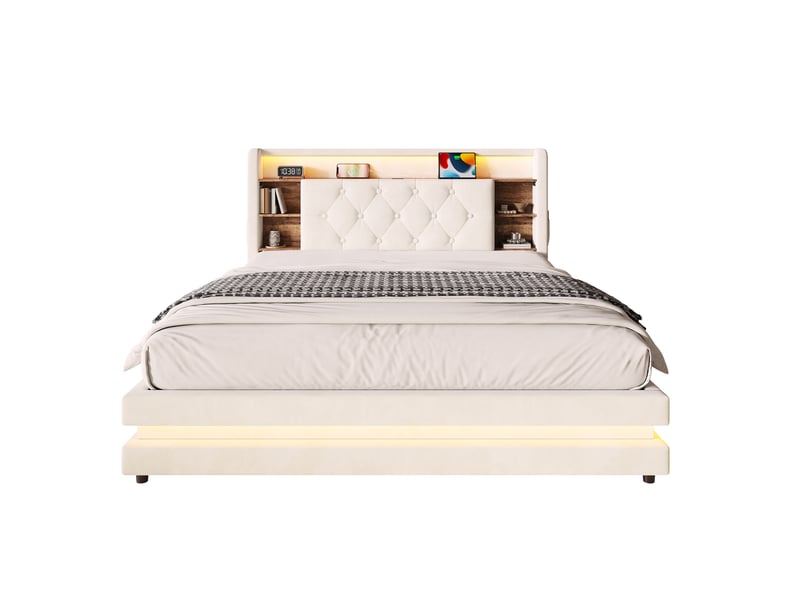  Lit coffre rembourré 140 x 200 cm, rangement hydraulique, tête de lit avec étagères, led, 2 usbtype-c, sommier à lattes, velours, beige Seren Glow - Conforama A