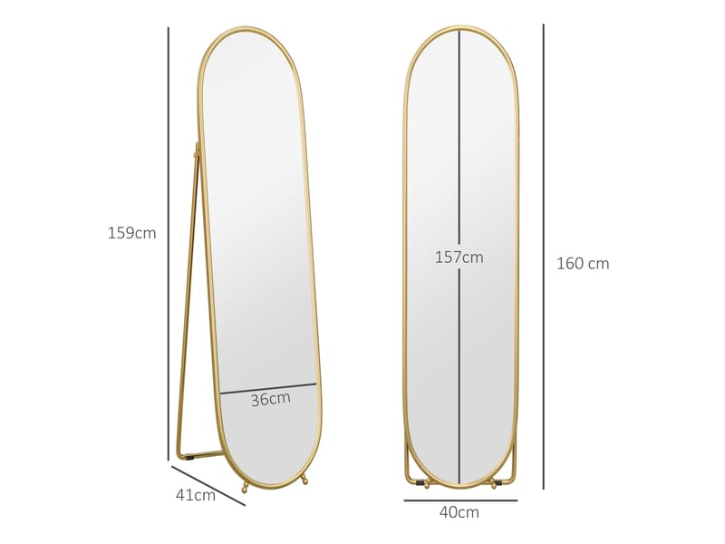  Miroir simple sur pied ovale avec support dépliable, cadre en métal doré, reflet sans distorsion 160 × 40 cm  - Conforama E
