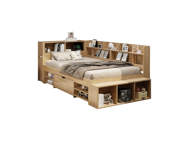  Lit enfant avec rangement et charge sans fil, lit simple 90x200 cm multifonction avec étagères et tiroirs, lit en bois naturel.  - Conforama W