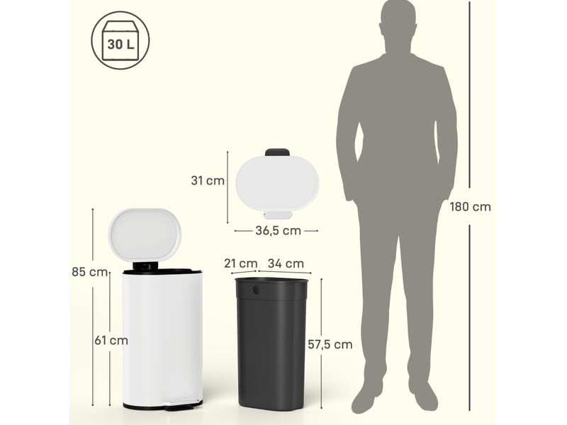 Poubelle de cuisine 30 l à pédale avec fermeture douce, crème blanche evryae  - Conforama E