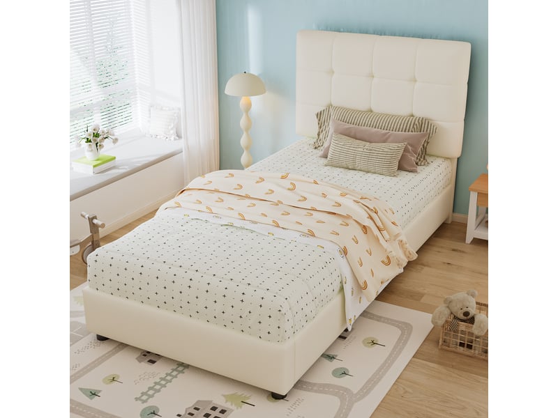  Lit enfant lit simple enfant 90x200 cm capitonné avec mousse anti-chocs et tête de lit douce, pu fer contreplaqué, sans matelas, beige  - Conforama B