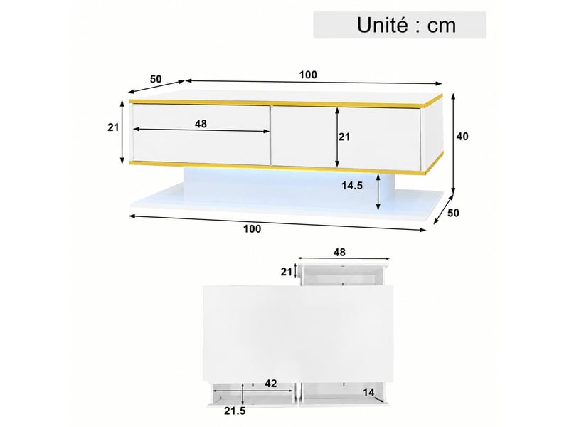  Table basse blanche et dorée brillante avec tiroirs et éclairage led, 100 cm  - Conforama C