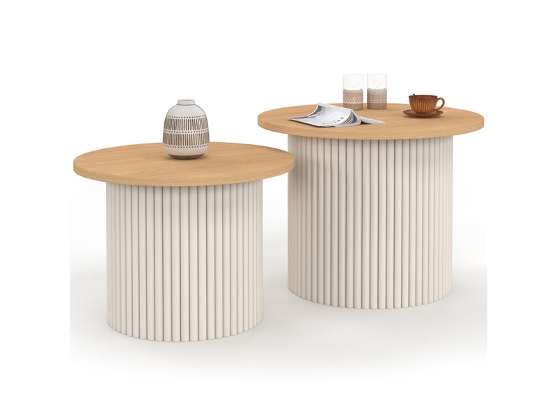 Lot de 2 tables basses gigognes kanel rondes 40-45 effet cannelé beige et plateau bois  - Conforama A