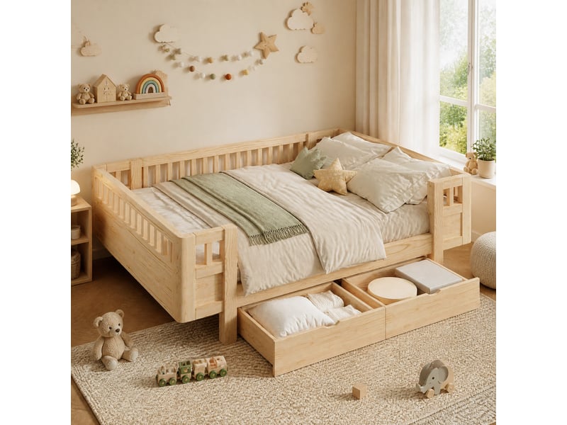Lit 140x200, avec 2 tiroirs et hautes barrières de sécurité, bois et mdf, style scandinave, aspect bois, sans matelas - Conforama B