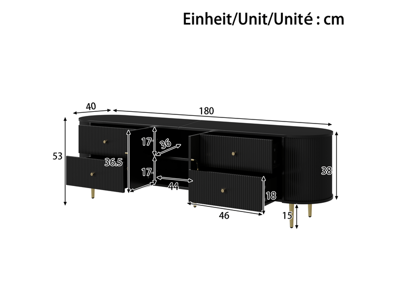  Meuble tv noir 180x40x53 cm avec structure ondulée 3d, 4 tiroirs, 2 portes et passe-câbles  - Conforama C