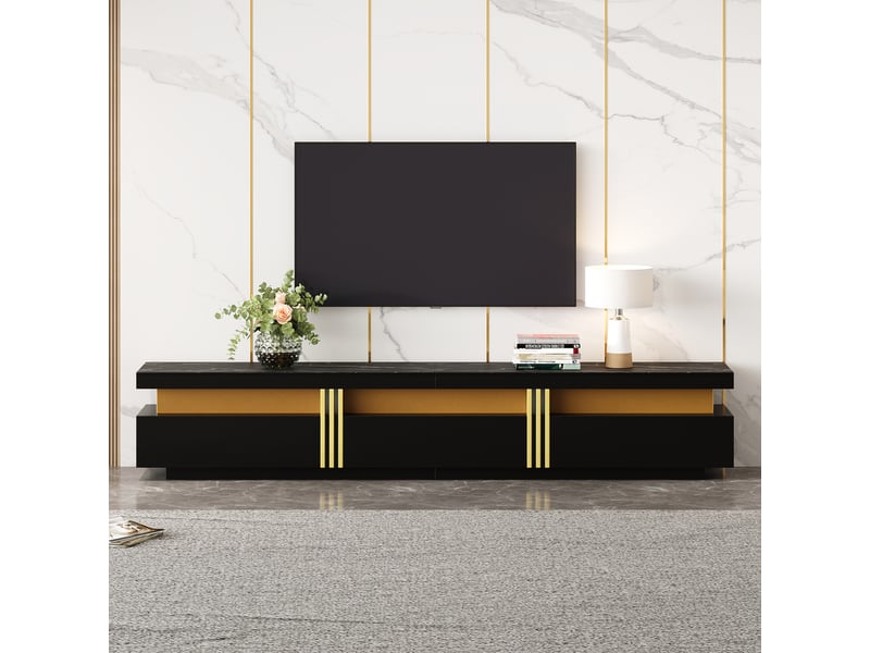  Meuble tv 200x40x42 cm lowboard aspect marbre, trois tiroirs et 1 passe-câbles, commode tv pour téléviseurs jusqu'à 90 pouces  - Conforama E