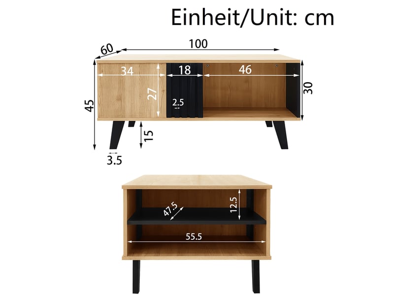  Table basse avec grand compartiment et 2 niches de rangement, style moderne, pour salon, 100 × 60 × 45 cm  - Conforama D