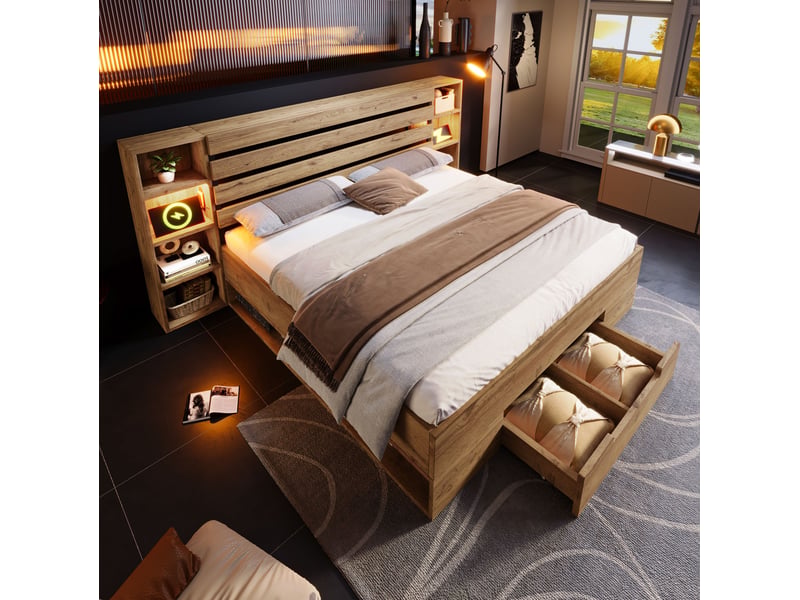  Lit double avec rangements 160 x 200 cm chêne, led, usb et type-c  - Conforama C